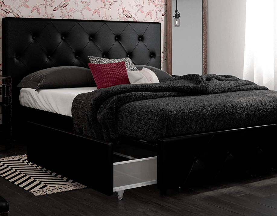 Best Storage Beds; DHP Dakota Upholstered Platform Bed with Storage Drawers, Black Faux Leather, Queen